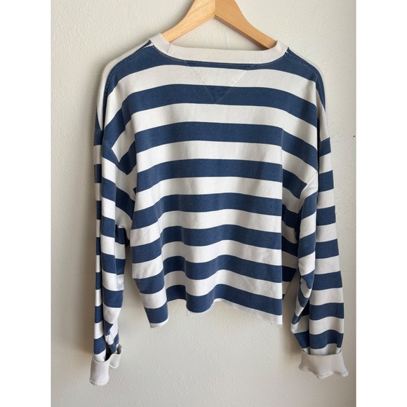 Tommy Hilfiger Blue White Striped Cropped Sweatshirt Cotton Logo Large - Picture 2 of 6